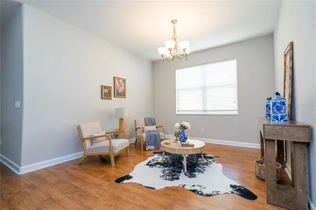 a view of a dining room with furniture