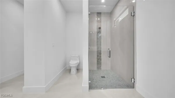a bathroom with a shower and a toilet