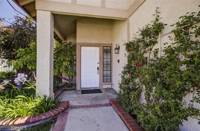 a couple of potted plants in front of door