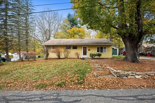 a view of a house with a large tree and wooden fence