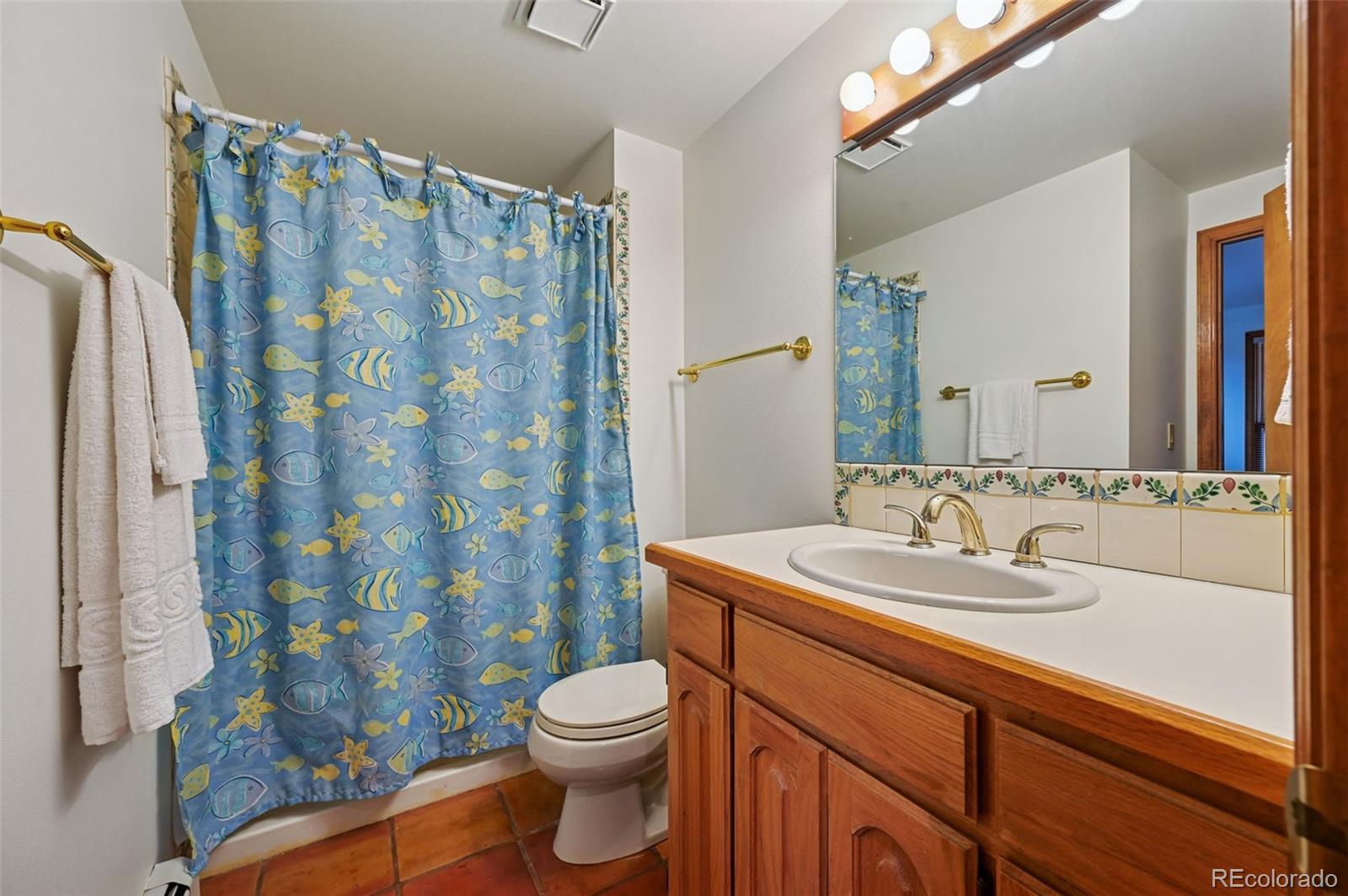 17580 Chipped Arrow Way Monument, CO 80132 - Photo 44 of 47 a bathroom with a sink a toilet a shower curtain and a large mirror