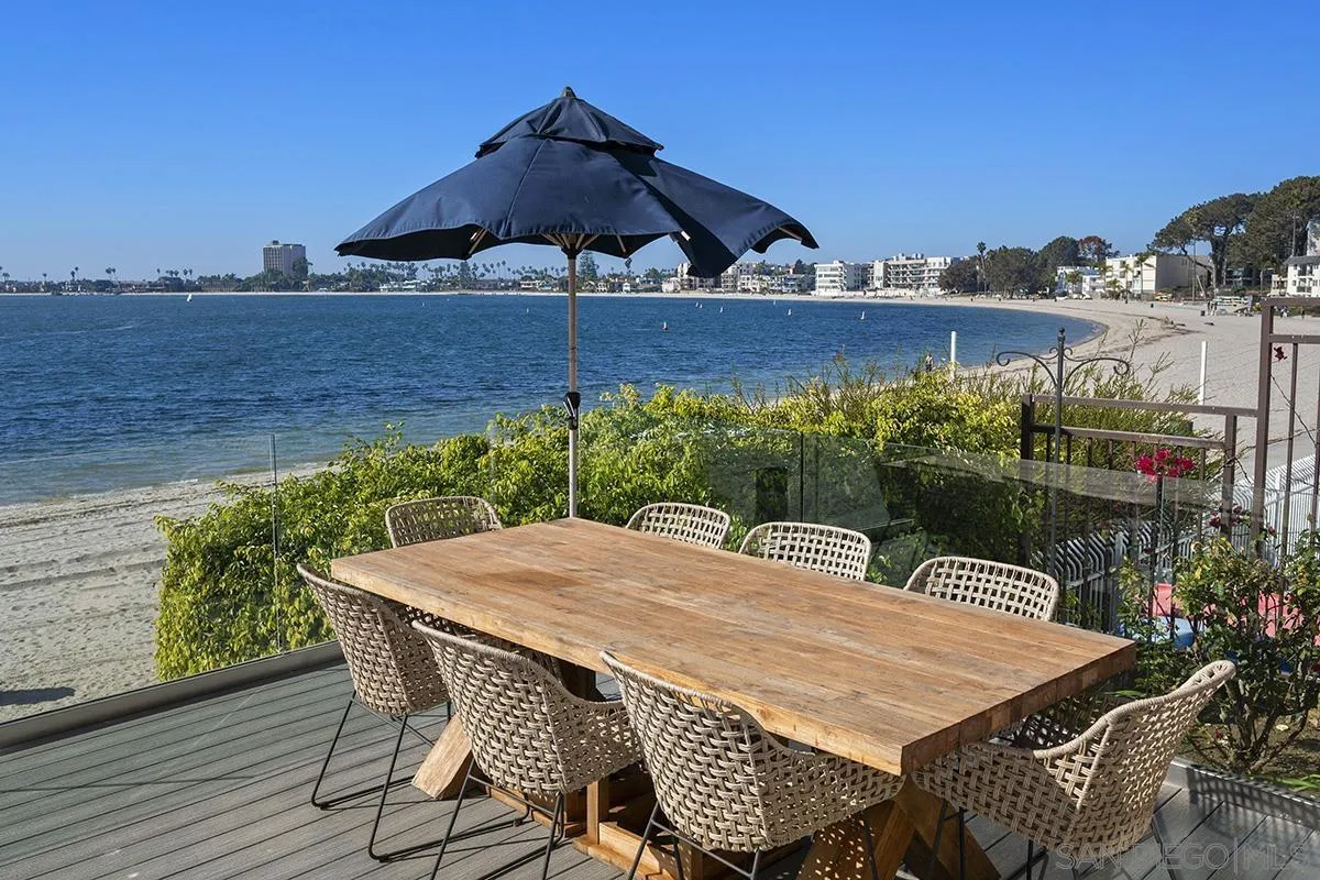 3828 Riviera Drive, Unit 2B San Diego, CA 92109 - Photo 49 of 74 a view of a patio with table and chairs under an umbrella with wooden floor
