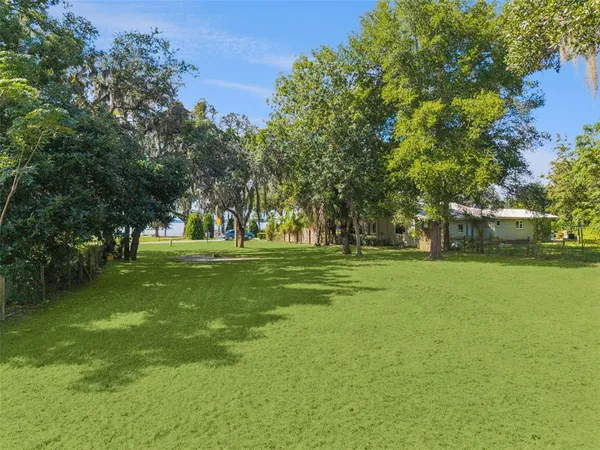 a view of a yard with plants and a lake view