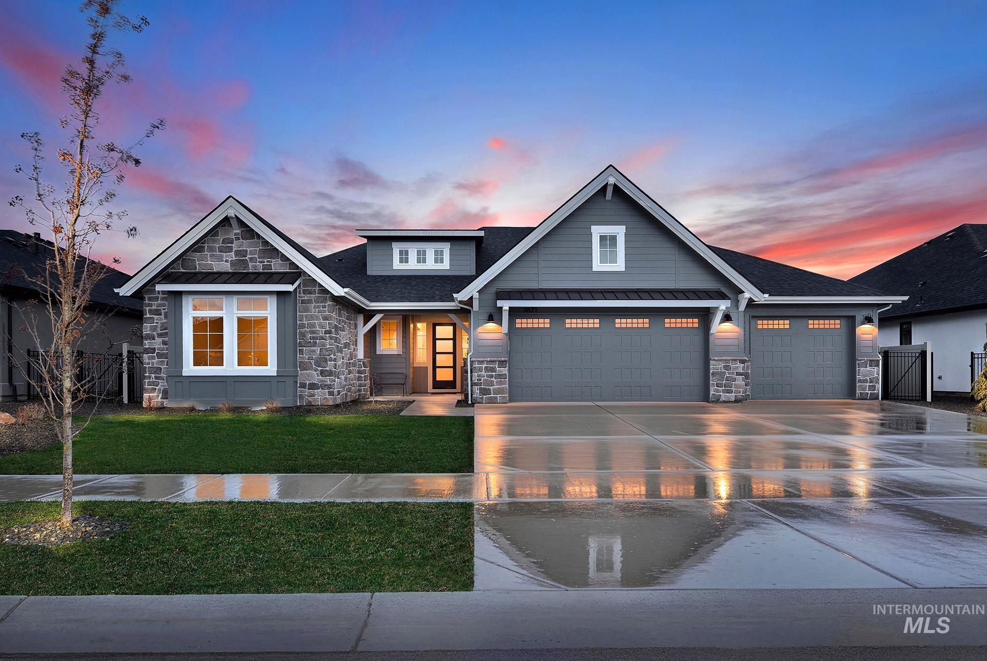 Craftsman inspired home featuring stone siding, concrete driveway, a standing seam roof, roof with shingles, and a metal roof