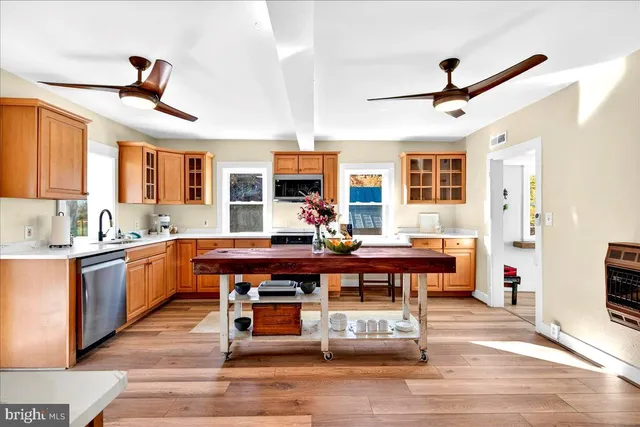 a view of backyard with wooden fence and a large tree