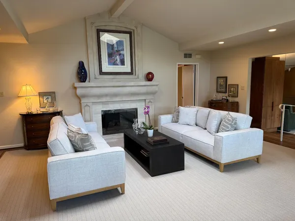 a living room with furniture and a fireplace