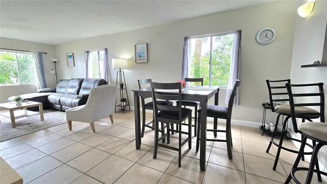 a view of a dining room with furniture window and outside view