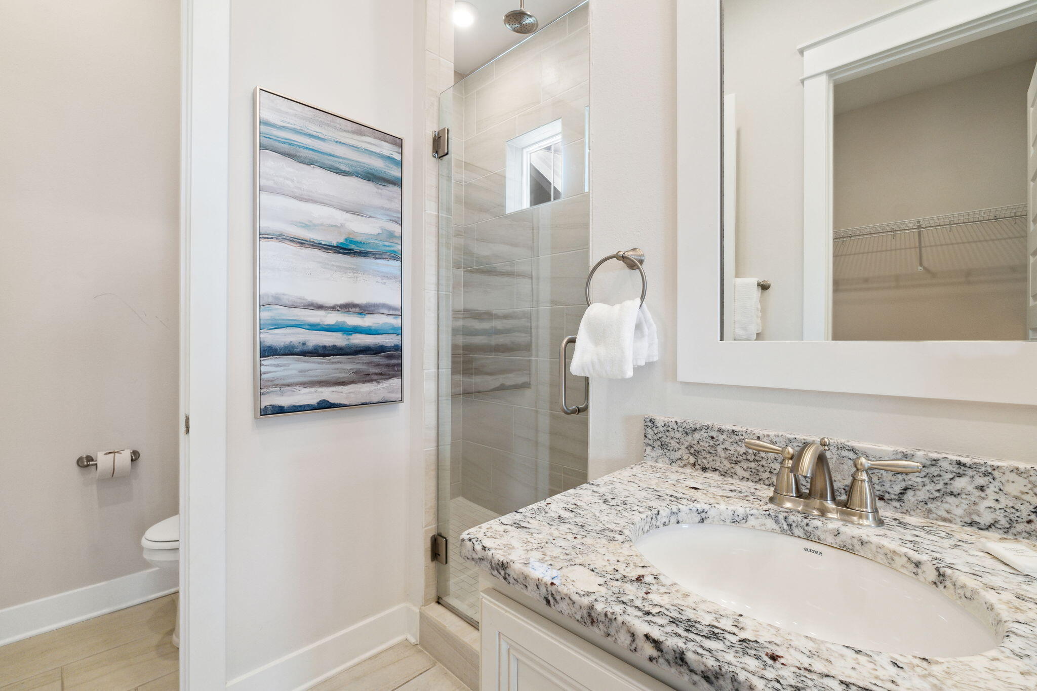 117 West W Pine, Unit C Inlet Beach, FL 32461 - Photo 20 of 45 a bathroom with a granite countertop sink and a mirror