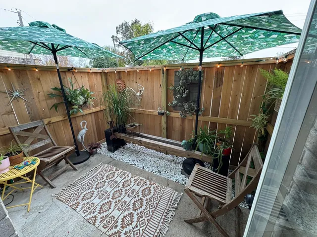 an outdoor view with patio