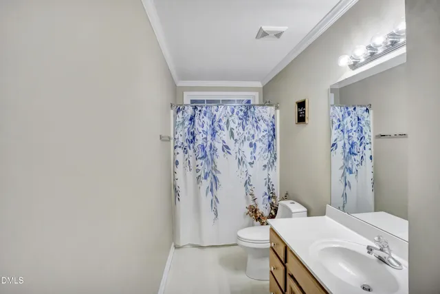 a bathroom with a sink a toilet and shower curtain