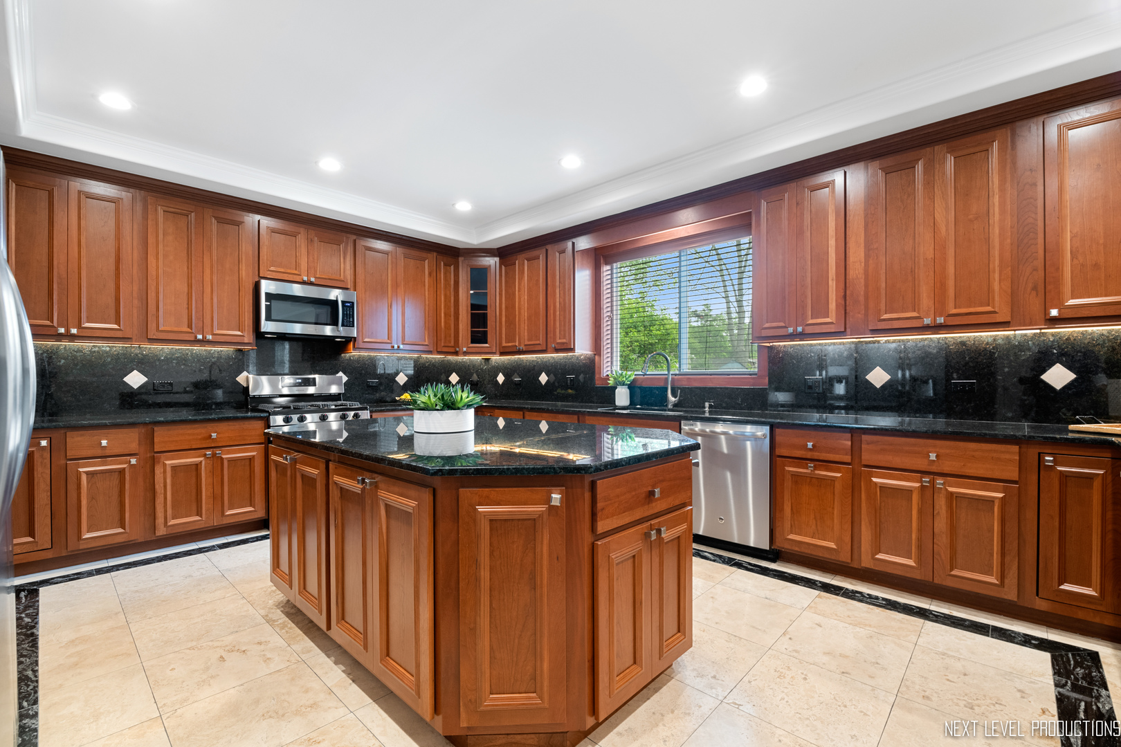 115 Birch Avenue Lake Bluff, IL 60044 - Photo 10 of 39 a kitchen with stainless steel appliances granite countertop wooden cabinets a stove top oven a granite counter space and a window