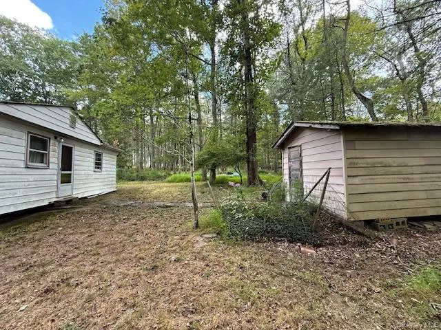 a backyard of a house with plants and large tree