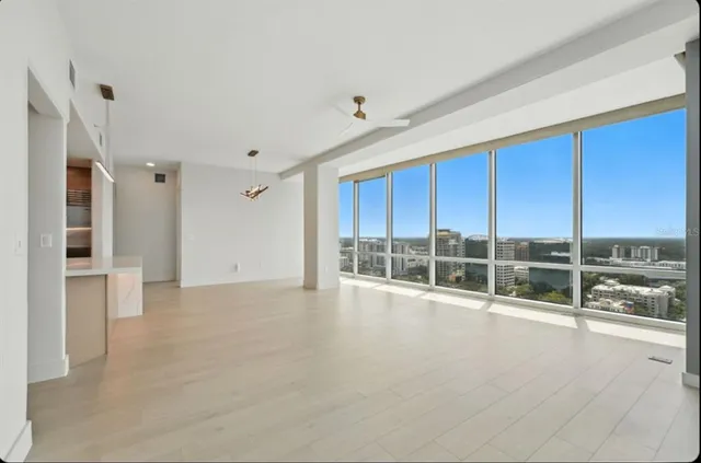 a view of a lake with a city