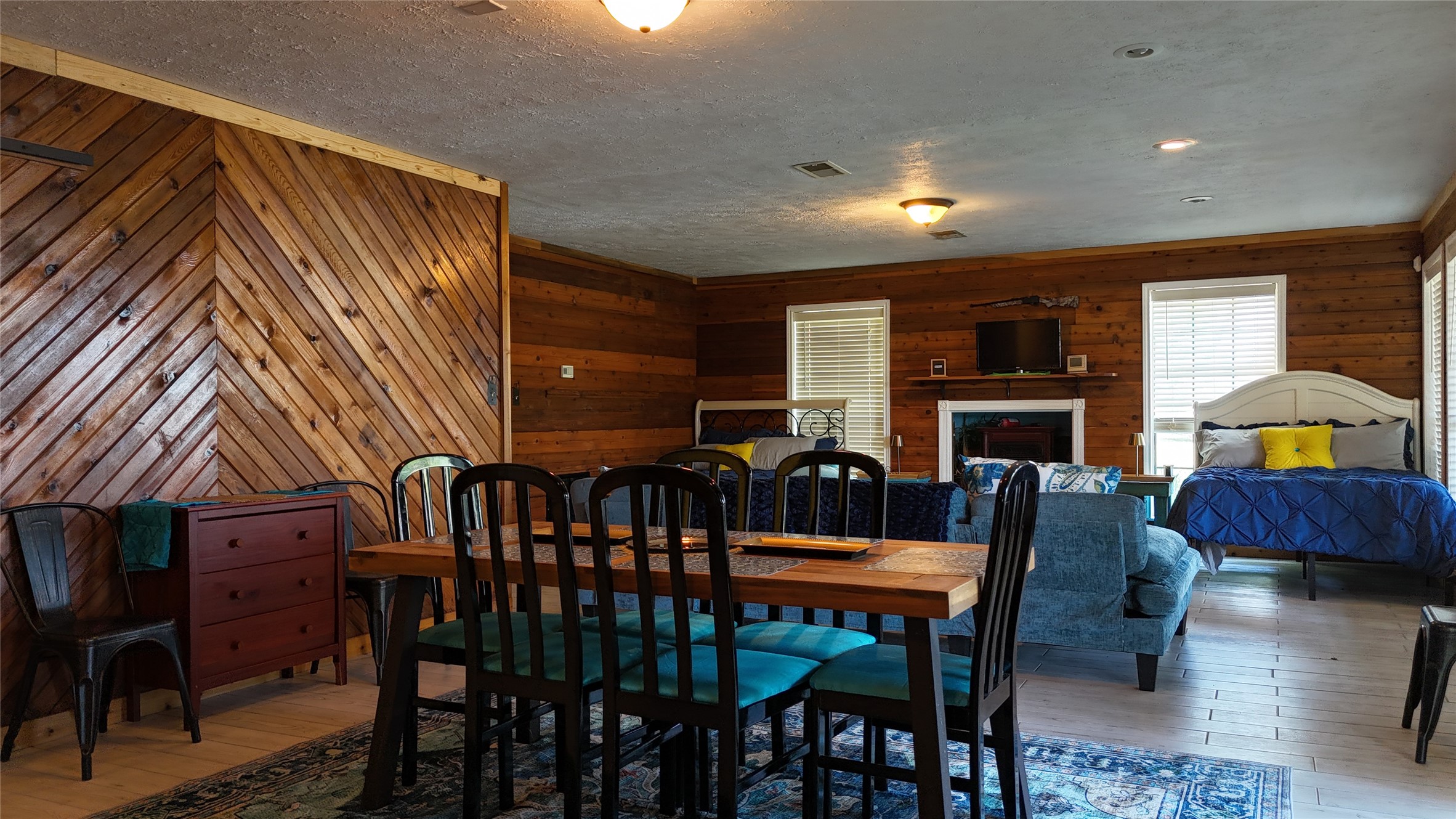 a view of a dining room with furniture