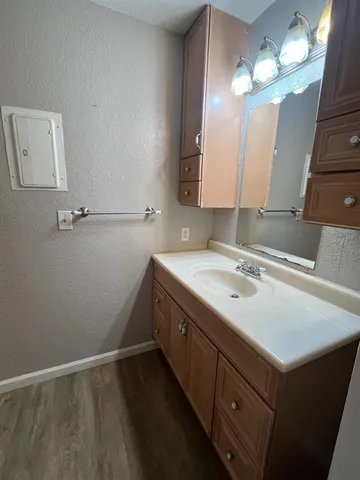 a bathroom with a sink vanity and a mirror