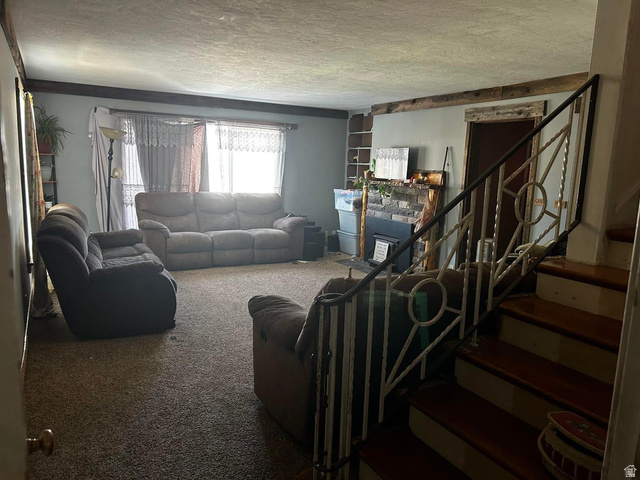102 South Main Street Paris, ID 83261 - Photo 6 of 33 Living area featuring carpet flooring and a textured ceiling
