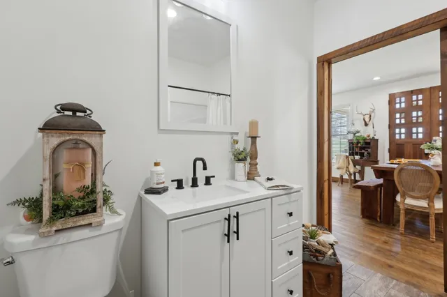 a bathroom with a sink a toilet and a mirror
