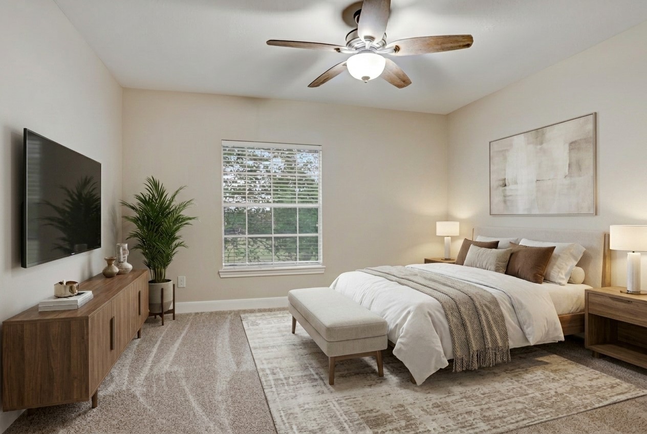 24418 Falcon Point Drive Katy, TX 77494 - Photo 28 of 40 a bedroom with a bed a flat screen tv and a large window