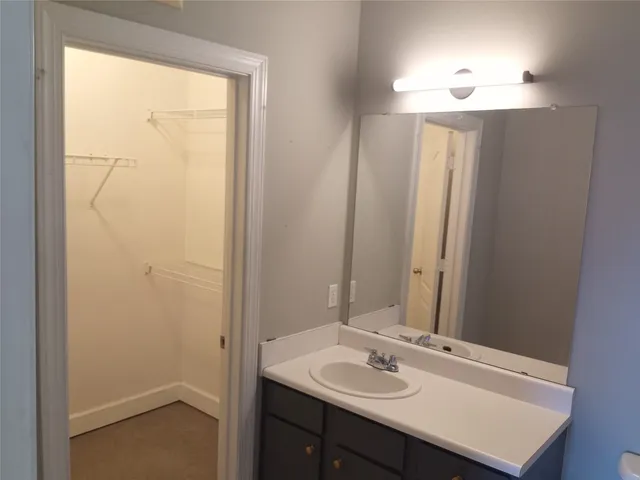 a bathroom with a sink a mirror and a vanity