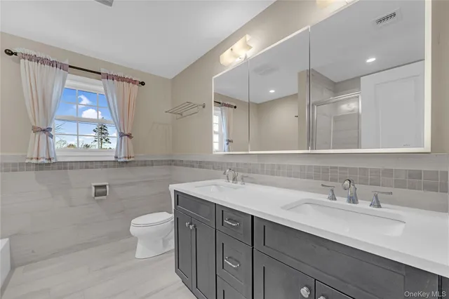 a bathroom with a double vanity sink a toilet and a mirror