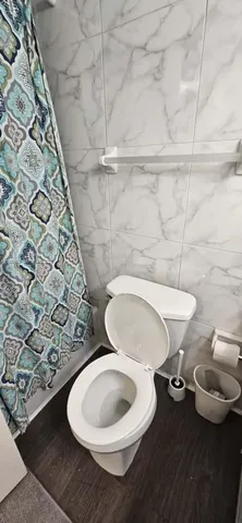 a bathroom with a toilet and a mirror