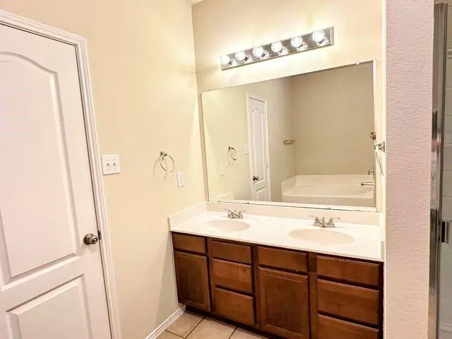 a bathroom with a sink a mirror and a shower
