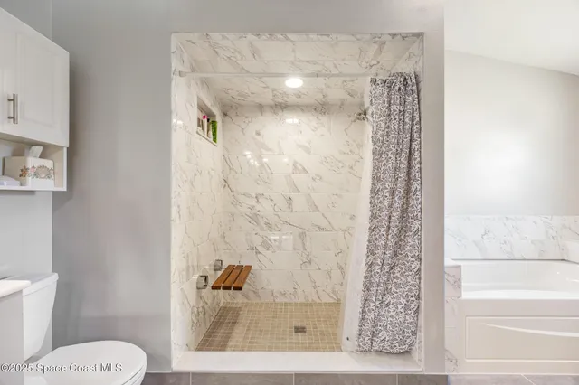a bathroom with a shower and a toilet