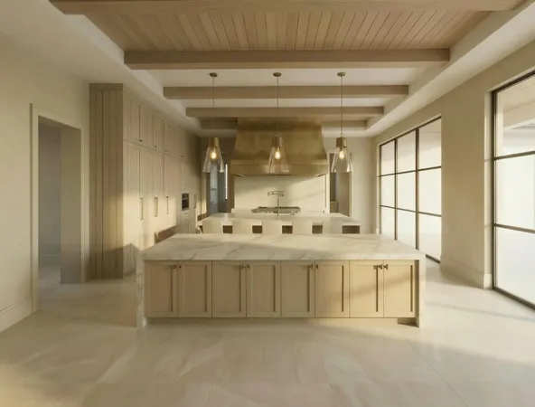 a large white kitchen with a large window