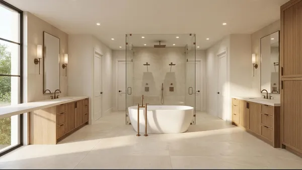 a large bathroom with a double vanity sink a large mirror and a shower