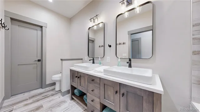 a bathroom with a sink a toilet and a mirror