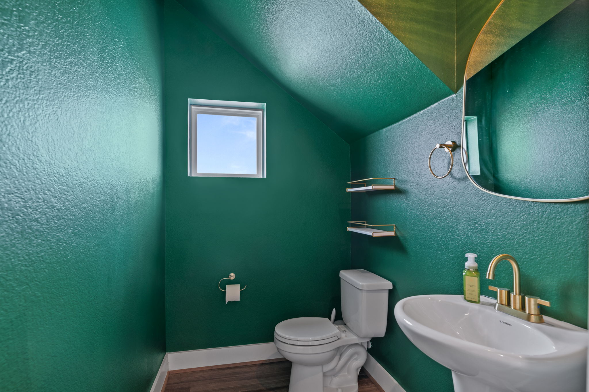 7312 Travertine Spring Drive Austin, TX 78744 - Photo 12 of 32 A compact, vibrant powder room with a sleek pedestal sink and wood-look flooring.