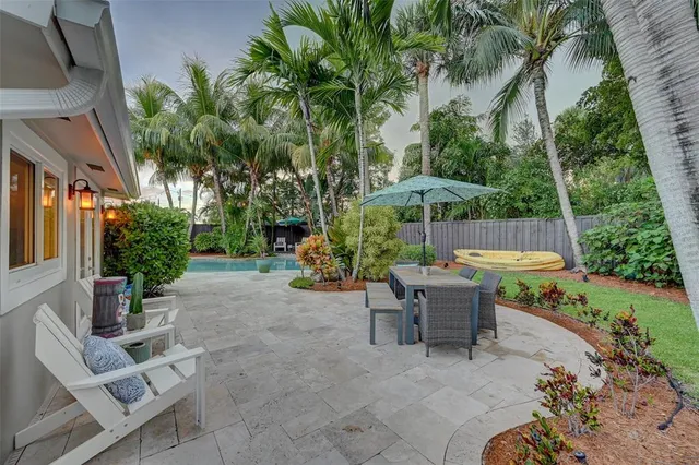 a backyard of a house with a table and chairs under an umbrella