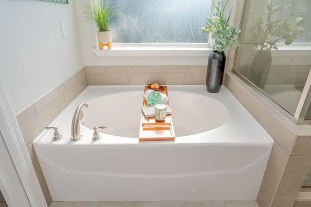 a bathroom with a bathtub