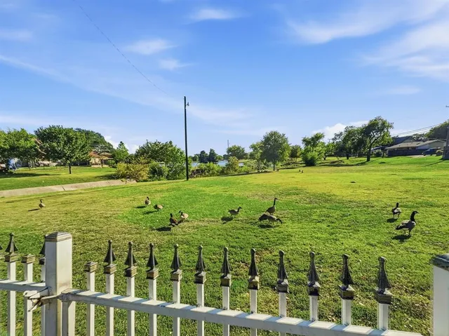 a view of a grassy field with an ocean