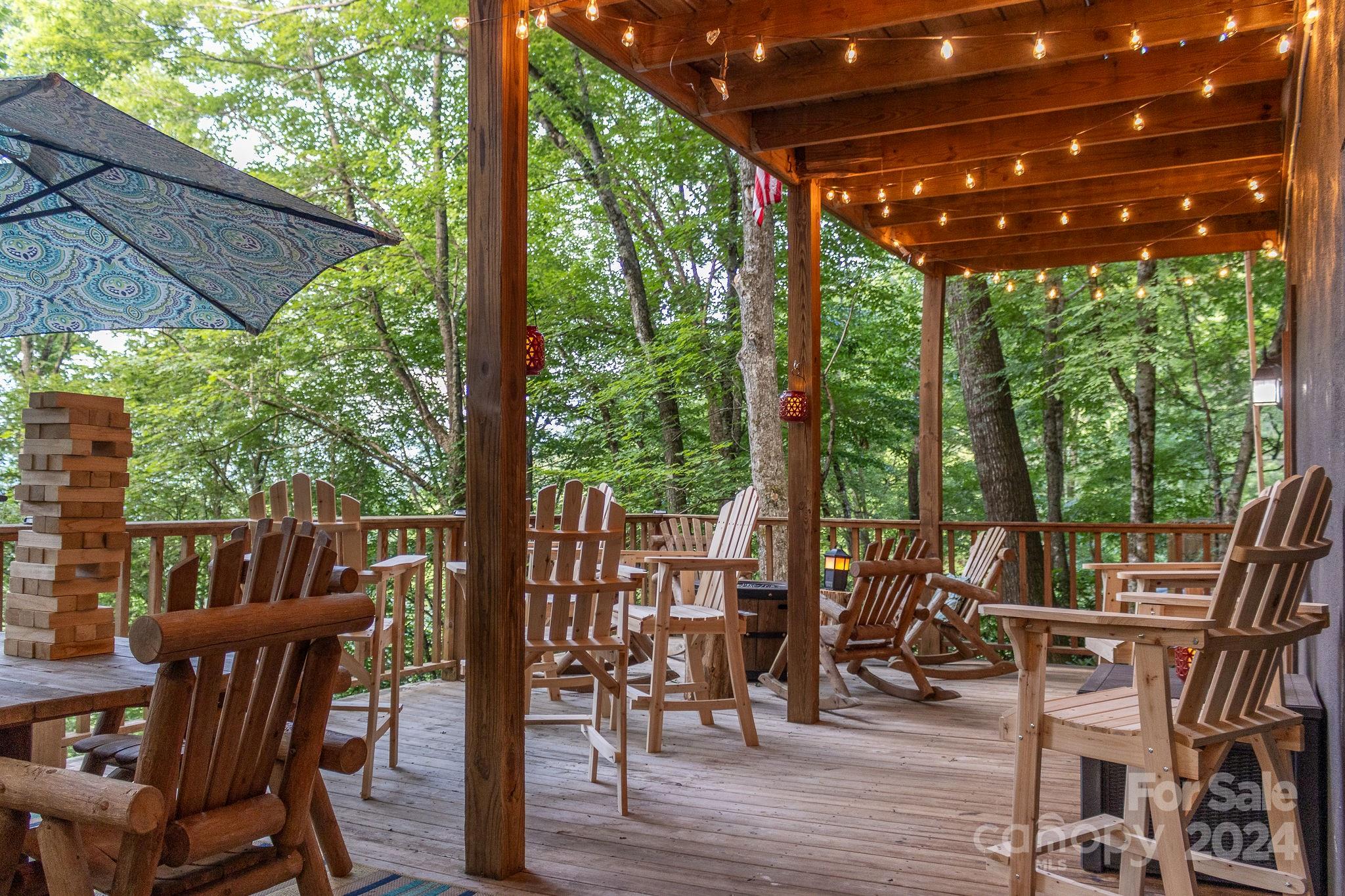 274 Hemlock Road Banner Elk, NC 28604 - Photo 39 of 46 a view of a patio with table and chairs under an umbrella