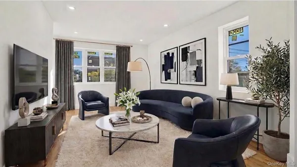 a living room with furniture potted plant and a flat screen tv