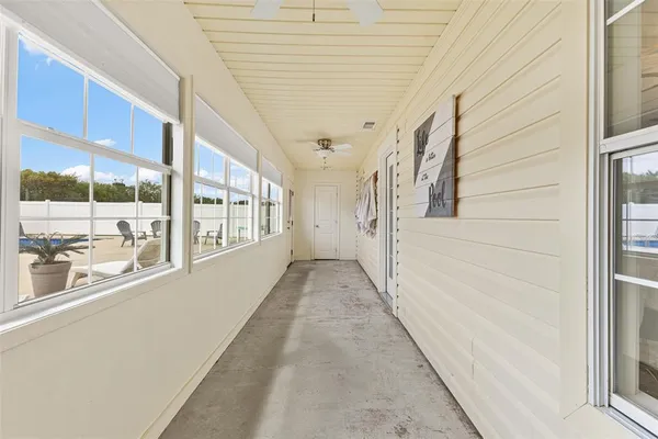 a view of a building from a hallway