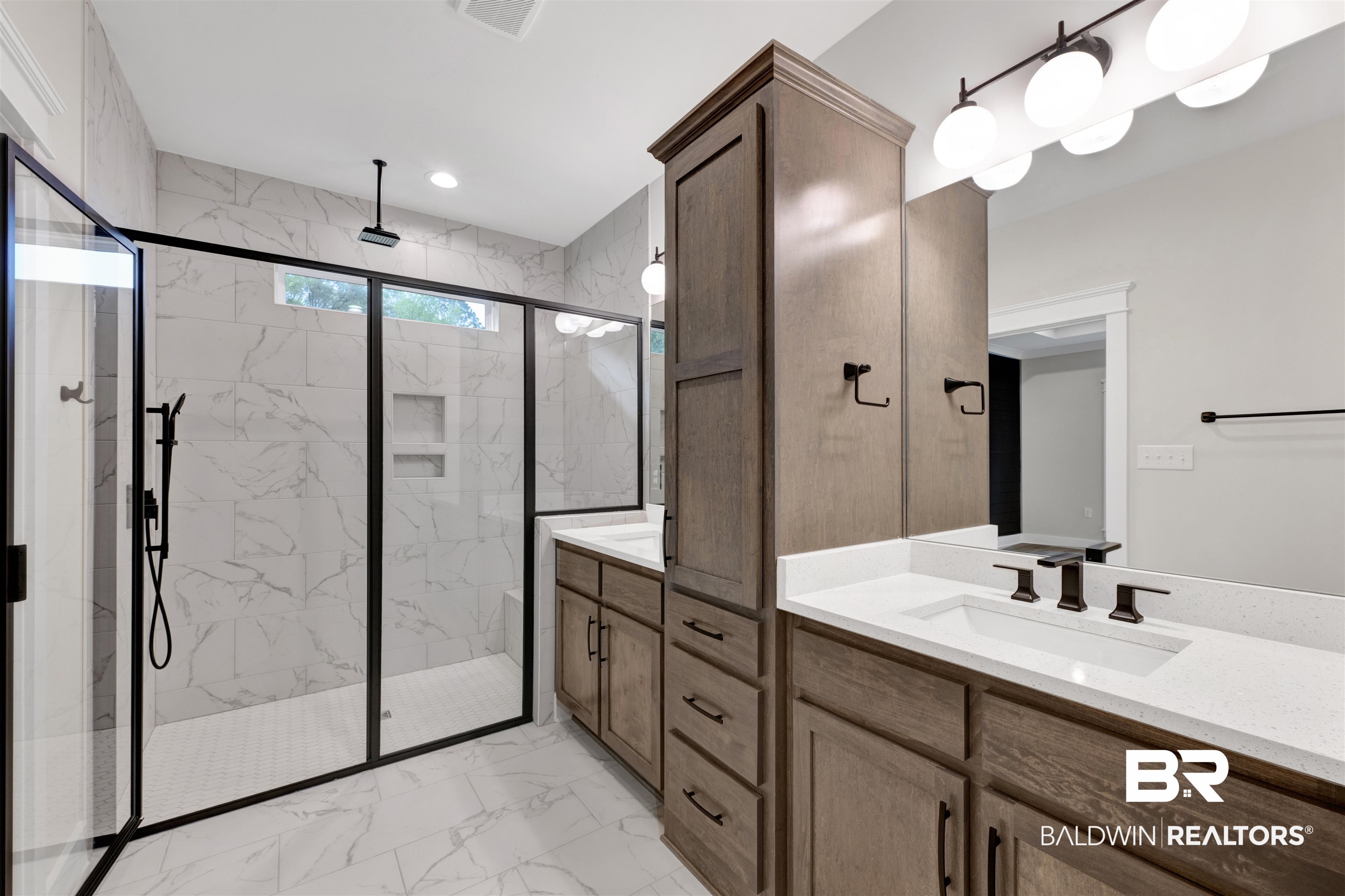 27382 Patch Pl Loop Daphne, AL 36526 - Photo 23 of 31 Full bathroom with two vanities, a marble finish shower, light marble finish flooring, and recessed lighting