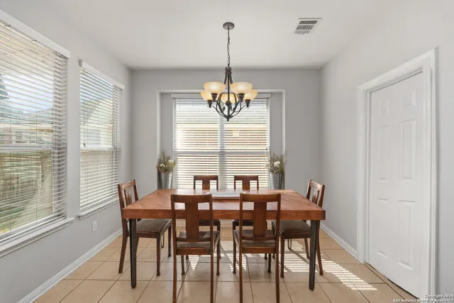 a view of a dining room with furniture window and outside view