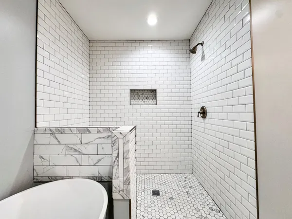 a bathroom with a toilet and a shower