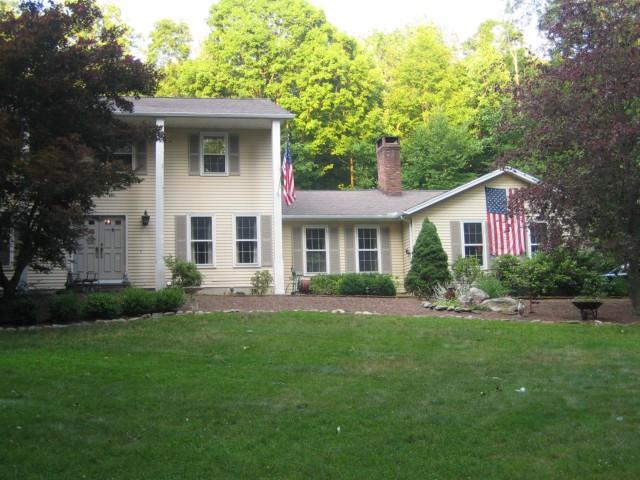 a front view of house with yard and green space