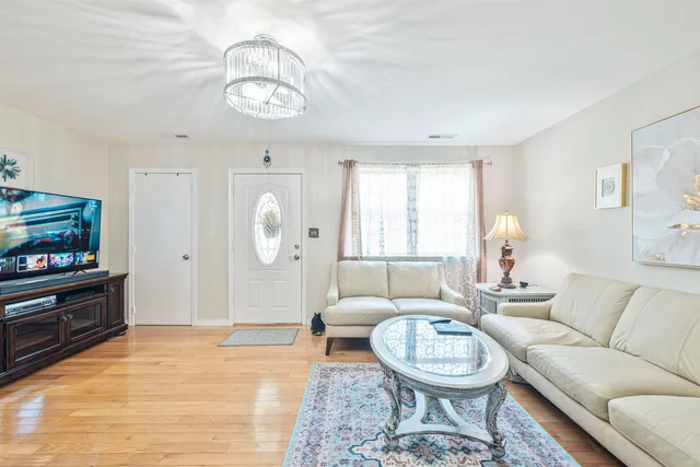 a living room with furniture a rug and a window