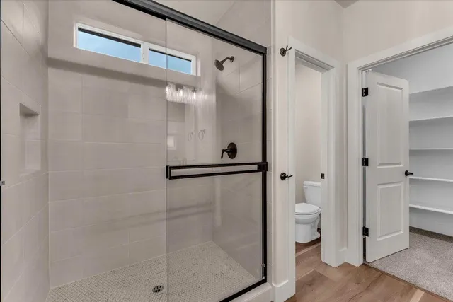 a bathroom with a shower and a toilet