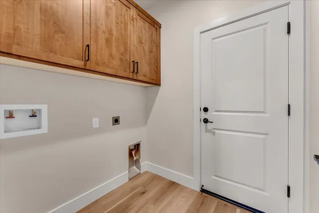a view of storage and utility room with wooden floor