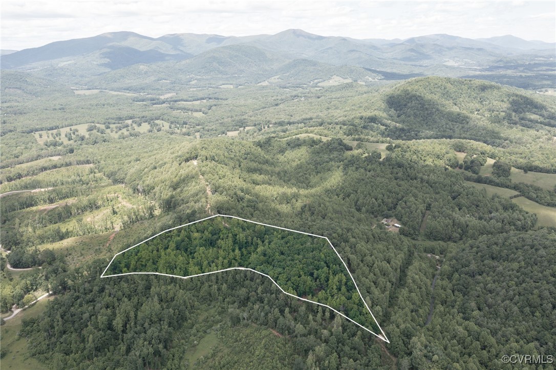 a view of a dry yard with mountains in the background