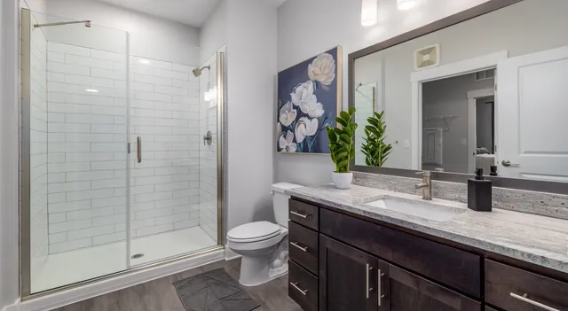 a bathroom with a granite countertop sink a toilet and shower