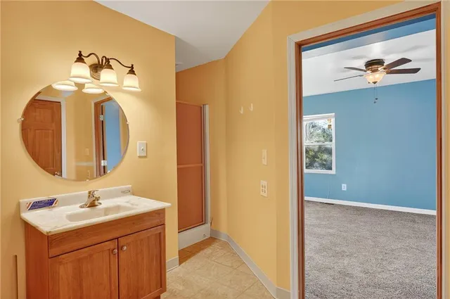 a bathroom with a sink a mirror and a vanity