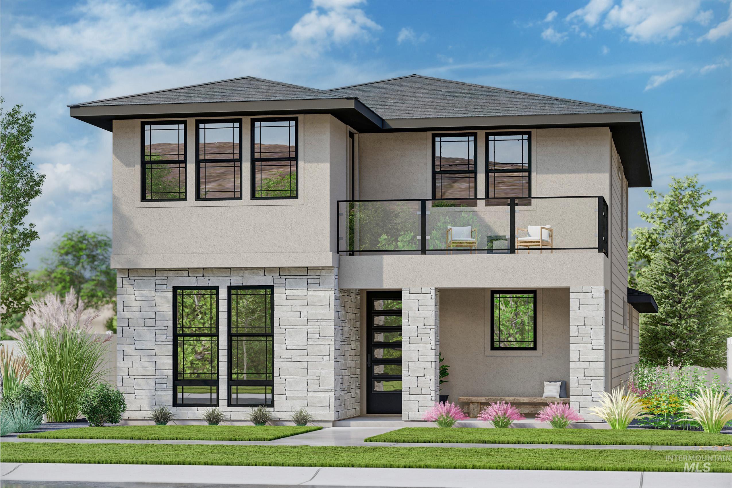 13366 North Spring Creek Way Boise, ID 83714 - Photo 1 of 14 Modern home with a balcony, stucco siding, stone siding, a front yard, and a shingled roof
