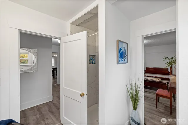 a view of a hallway with wooden floor and a potted plant