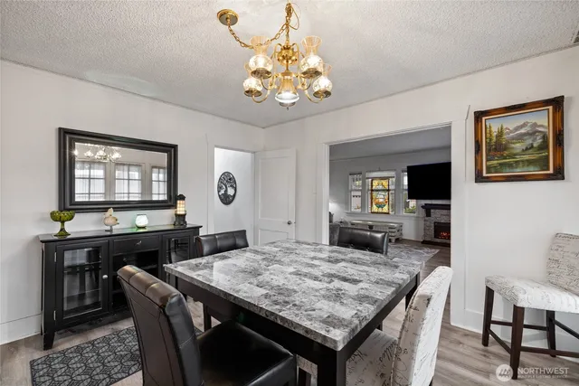 a view of a dining room with furniture